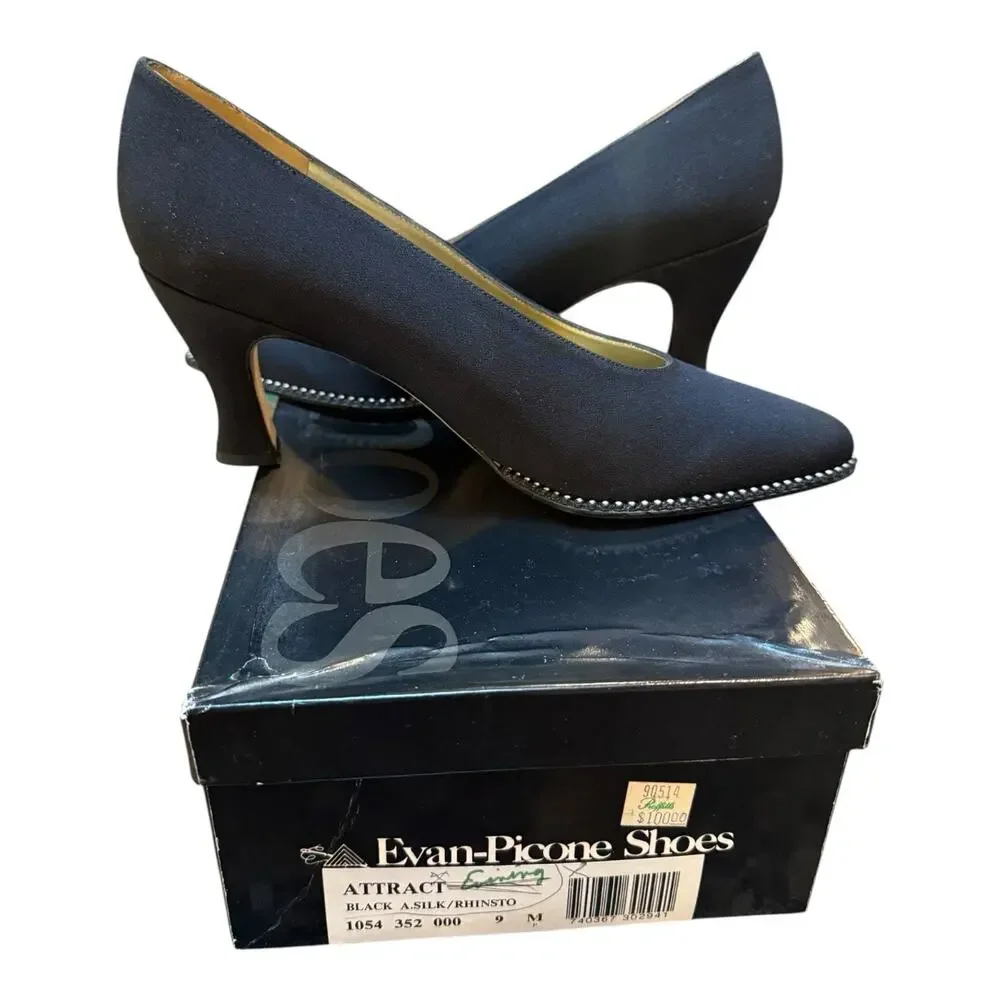 Evan Picone‎ Black Silk Pumps Classic with Rhinestone Detail Sz 9B EUC